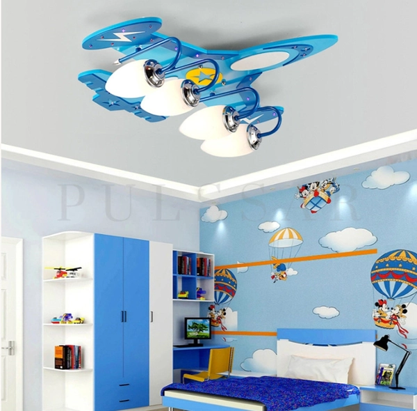 Люстра-самолет синего цвета в детскую комнату для мальчика, LED-освещение