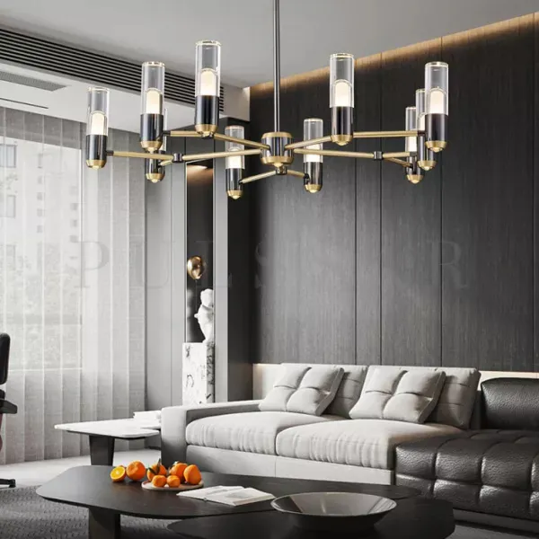 Люстры в гостиную 2026: лаконичный дизайнерский светильник в стиле минимализм с геометрическими плафонами.