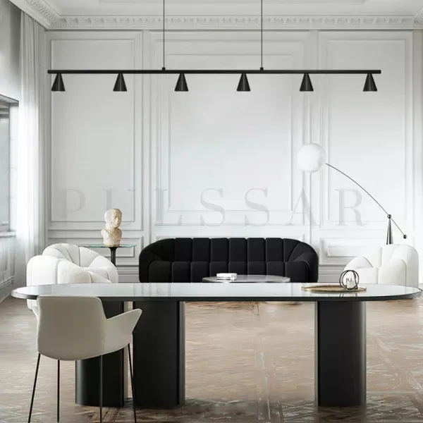 Люстры в гостиную 2026: рейка над столом