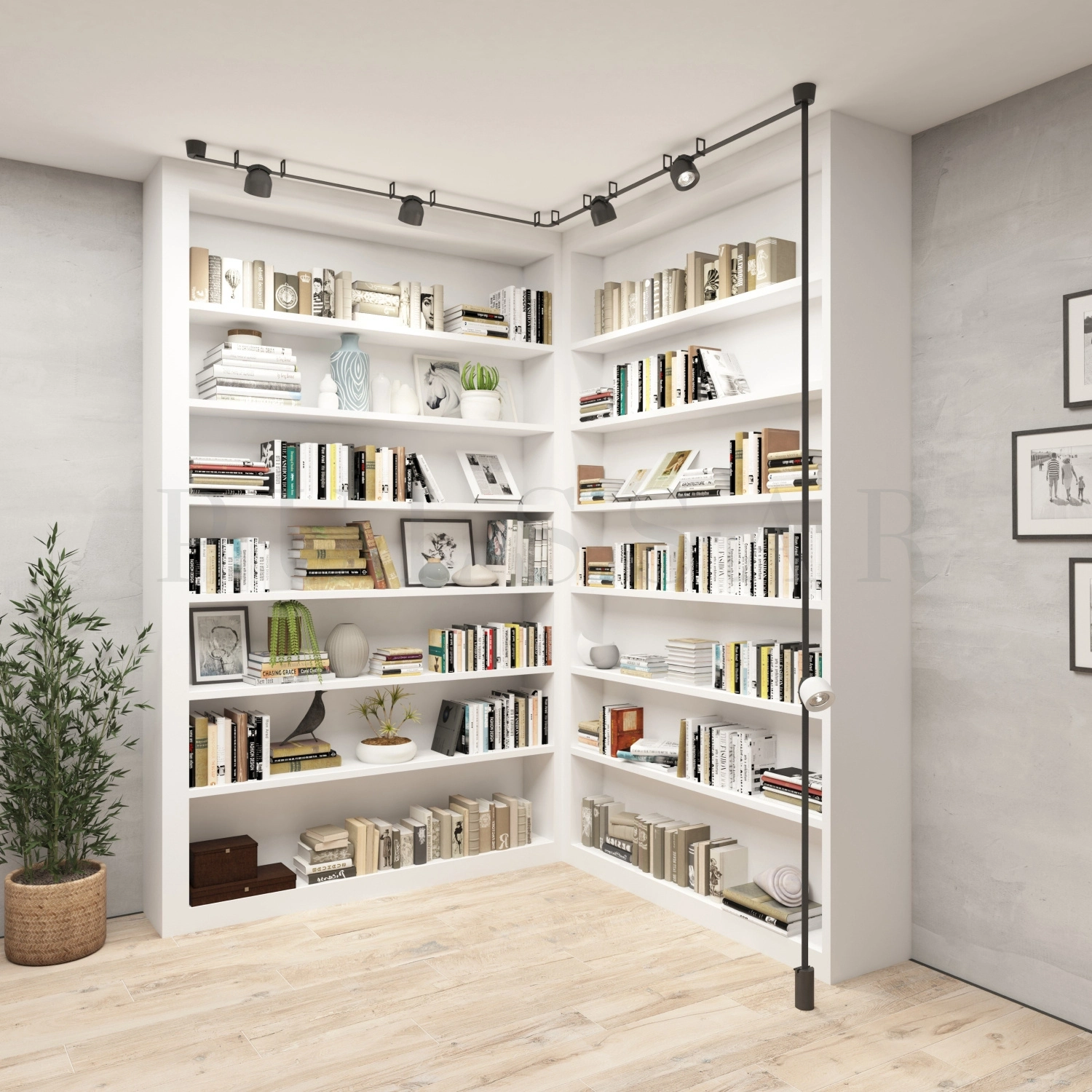 Чёрная ременная трековая система Belty  с накладными основаниями и трековыми спотами. Масштабируемое профессиональное освещение для просторных помещений и студий