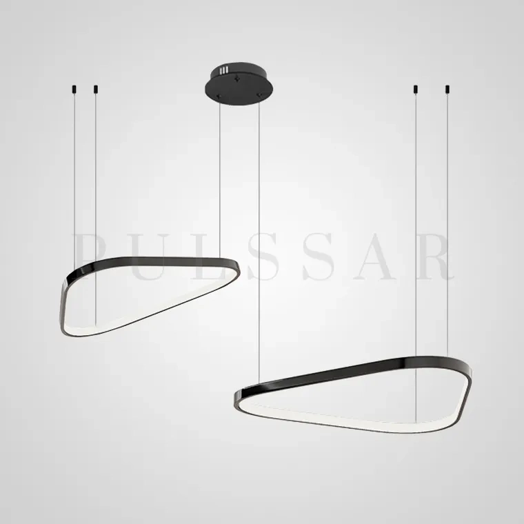 Кольцевая чёрная люстра в форме треугольников со сглаженными углами и LED-подсветкой по контуру. Современный дизайн для интерьеров в стиле хай-тек, модерн, минимализм