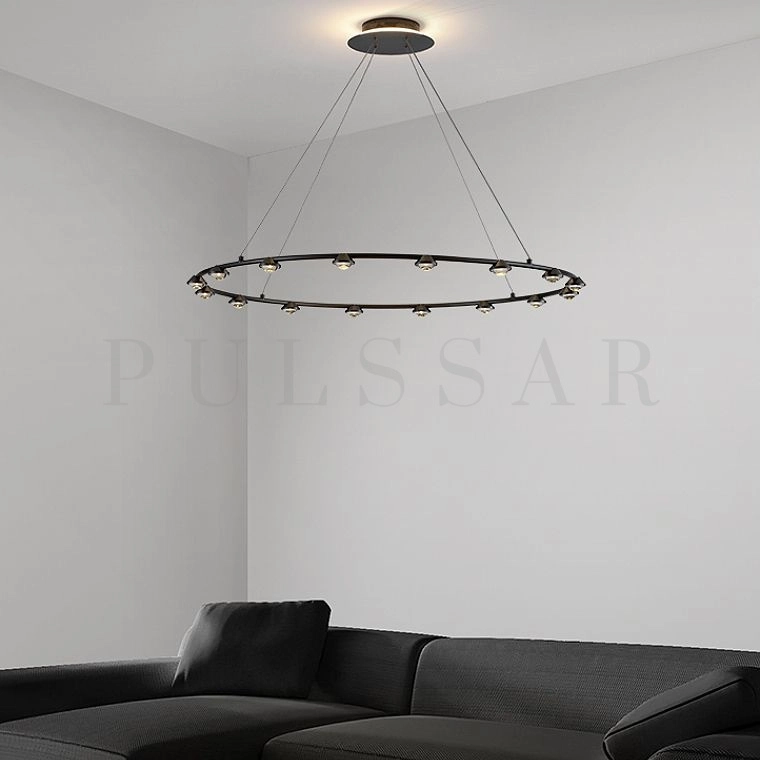 Чёрная кольцевая светодиодная люстра с плафонами в виде оптических линз. Равномерное энергоэффективное освещение с глубоким световым потоком для просторных помещений