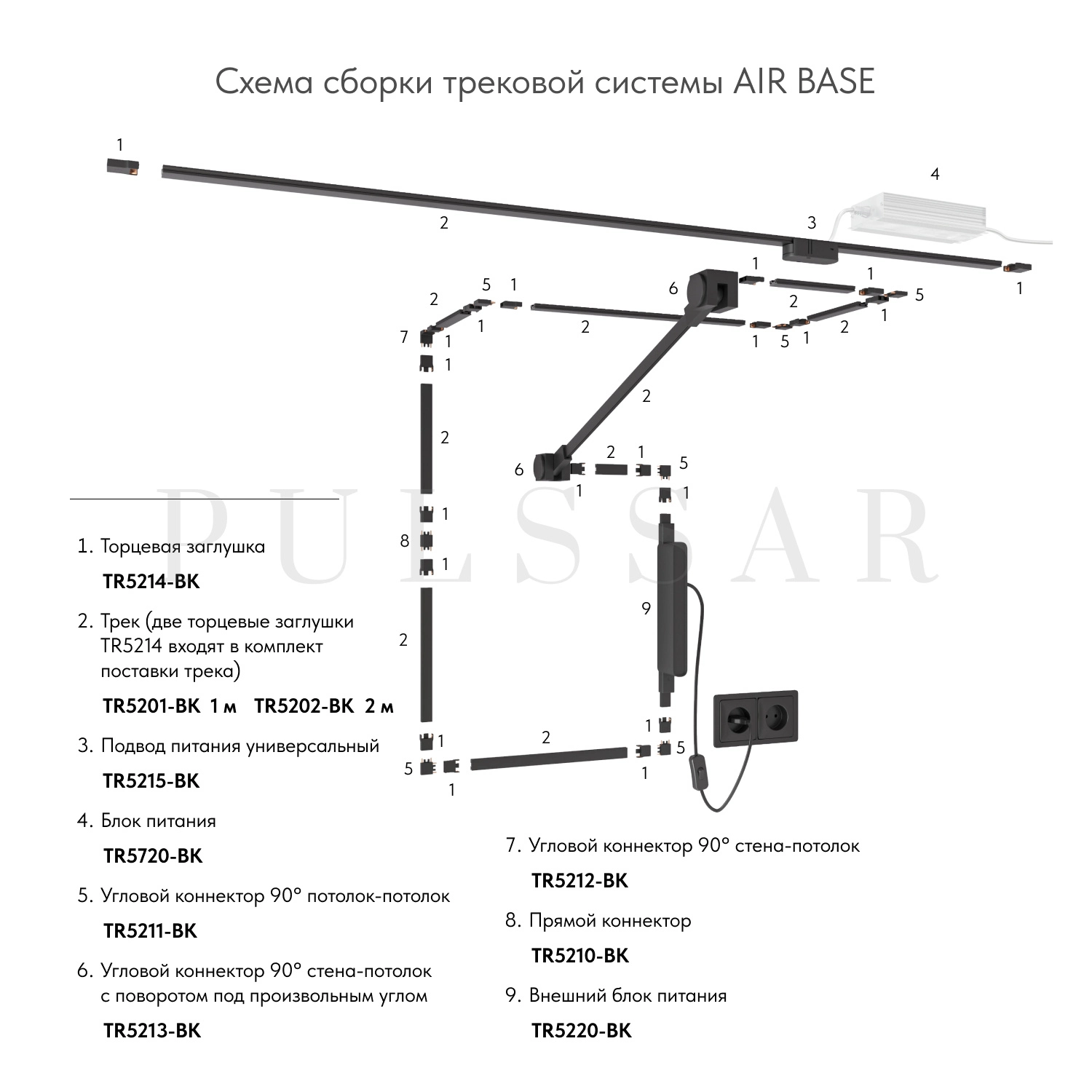 Угловой коннектор 90° стена-потолок AIR BASE TR5212-BK